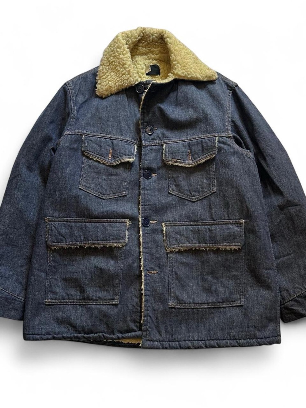 Vintage 1980s Sears Denim Sherpa-Lined Men's Jacket - Blue with Cream Collar XL